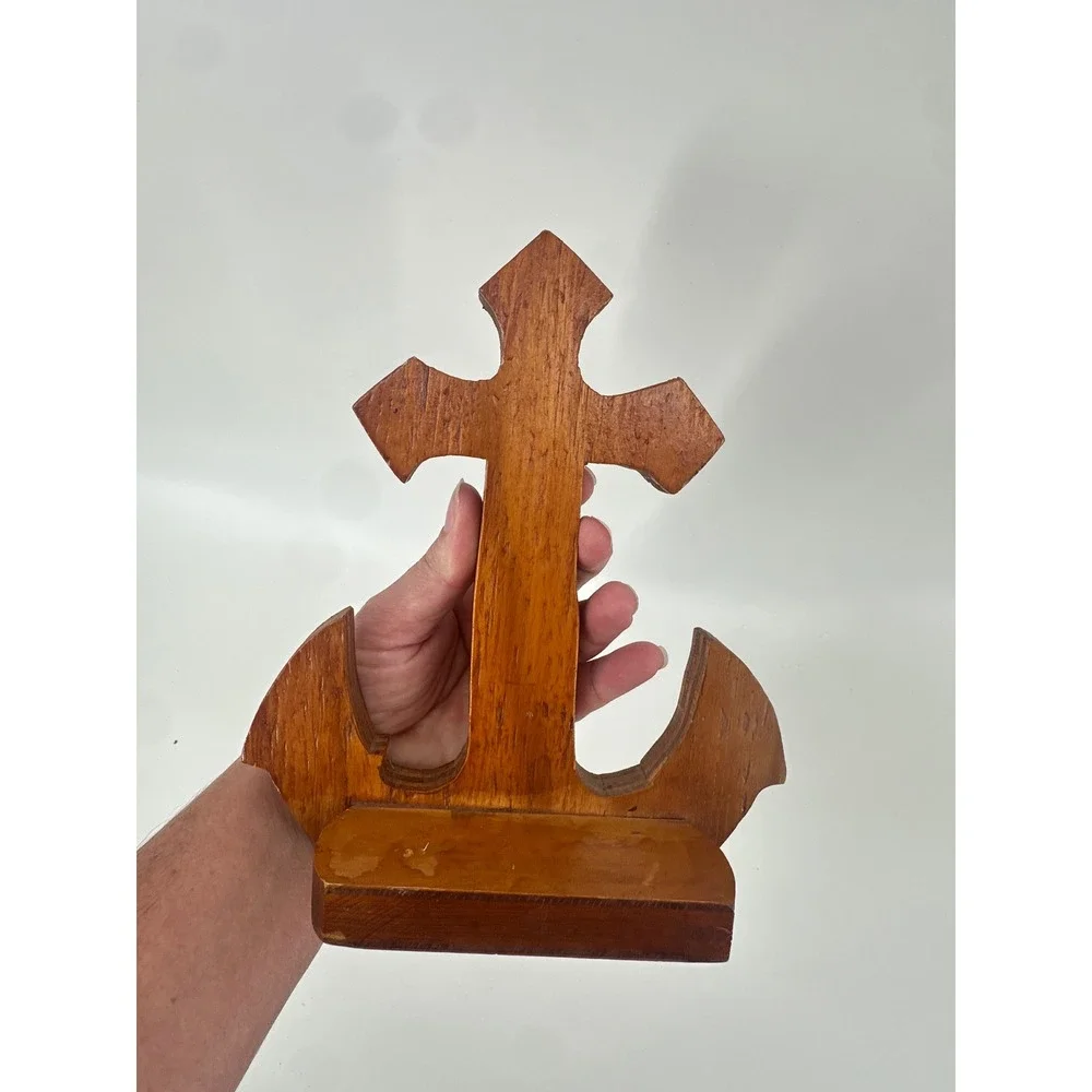 Vintage Wooden Anchor Cross Wall Shelf Nautical Religious Decor Small Ledge